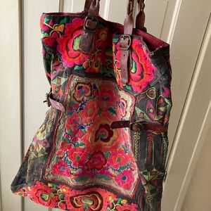 Vintage Embroidered Oversized Bag with Leather Handles and Details